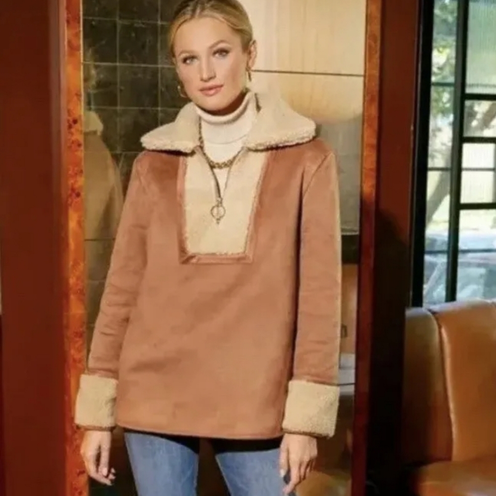 🆕️ Tuckernuck Women’s Stella Shearling Faux Suede Jacket Coat Camel-Tan Bro…